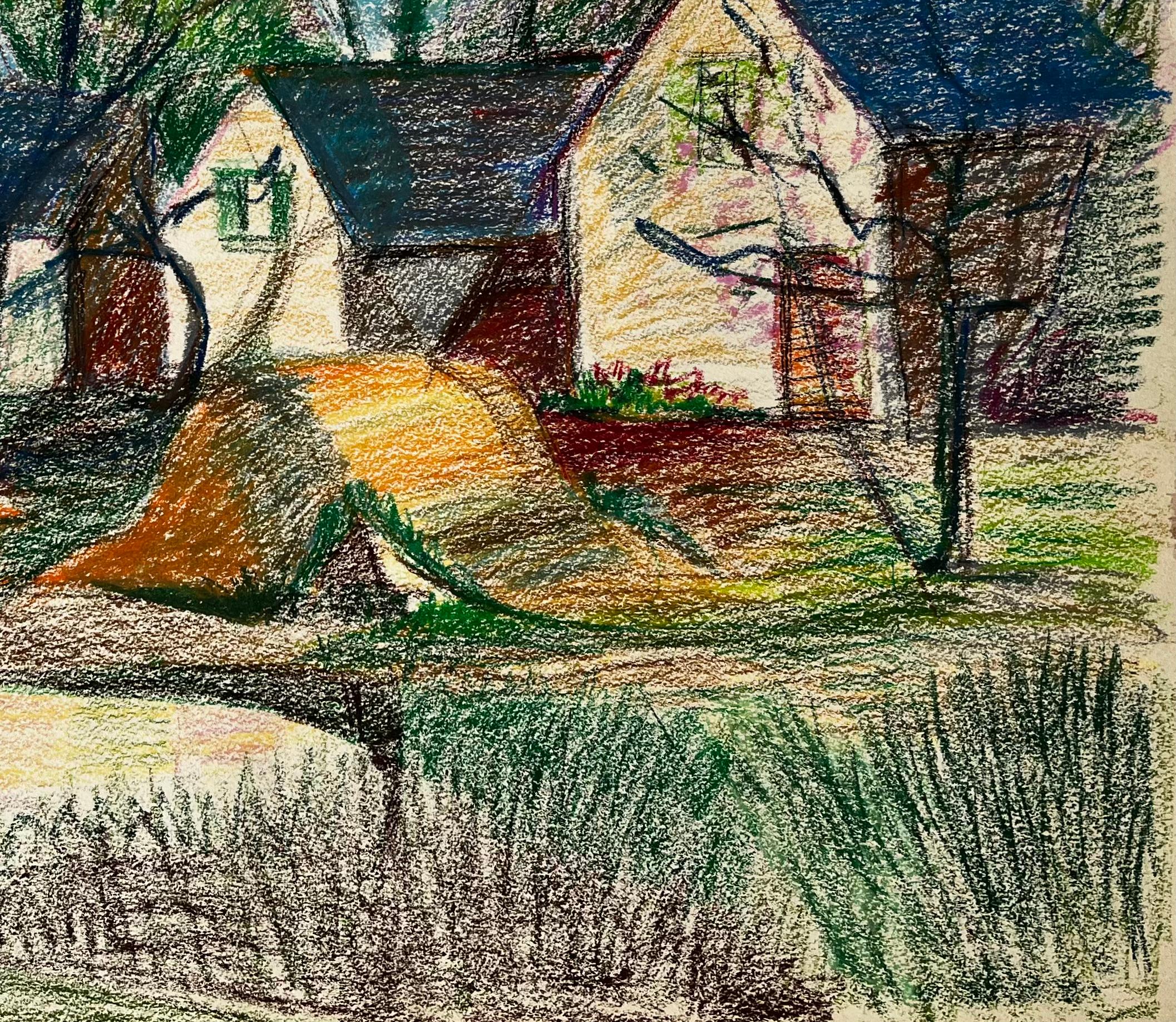 Chalets de campagne français avec arbres et lumière printanière Dessin aux pastels en vente 1