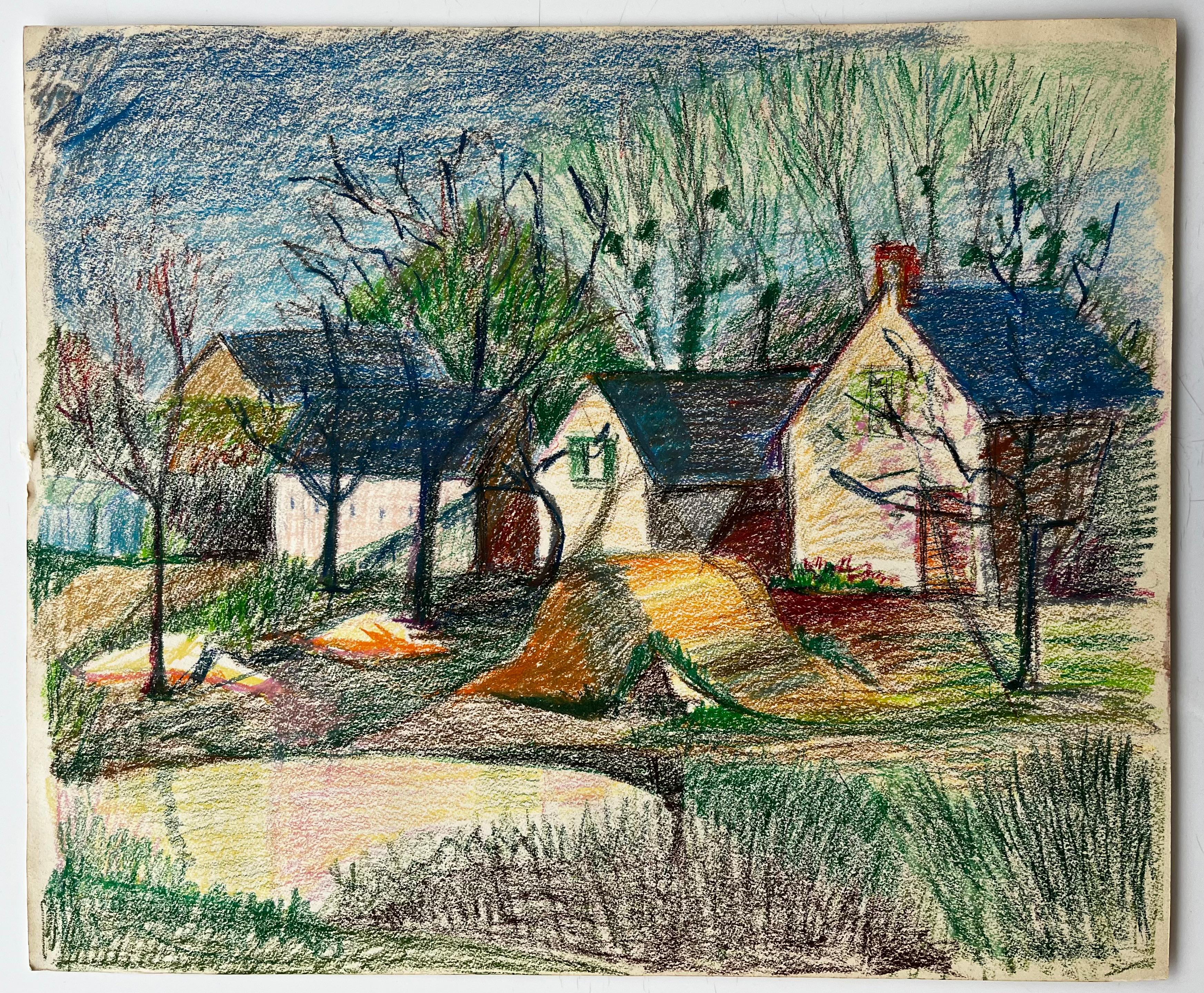 Chalets de campagne français avec arbres et lumière printanière Dessin aux pastels - Art de Guy Nicod