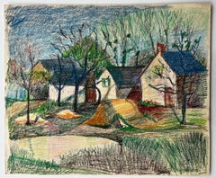 French Countryside Cottages with Trees and Spring Light Pastel Drawing