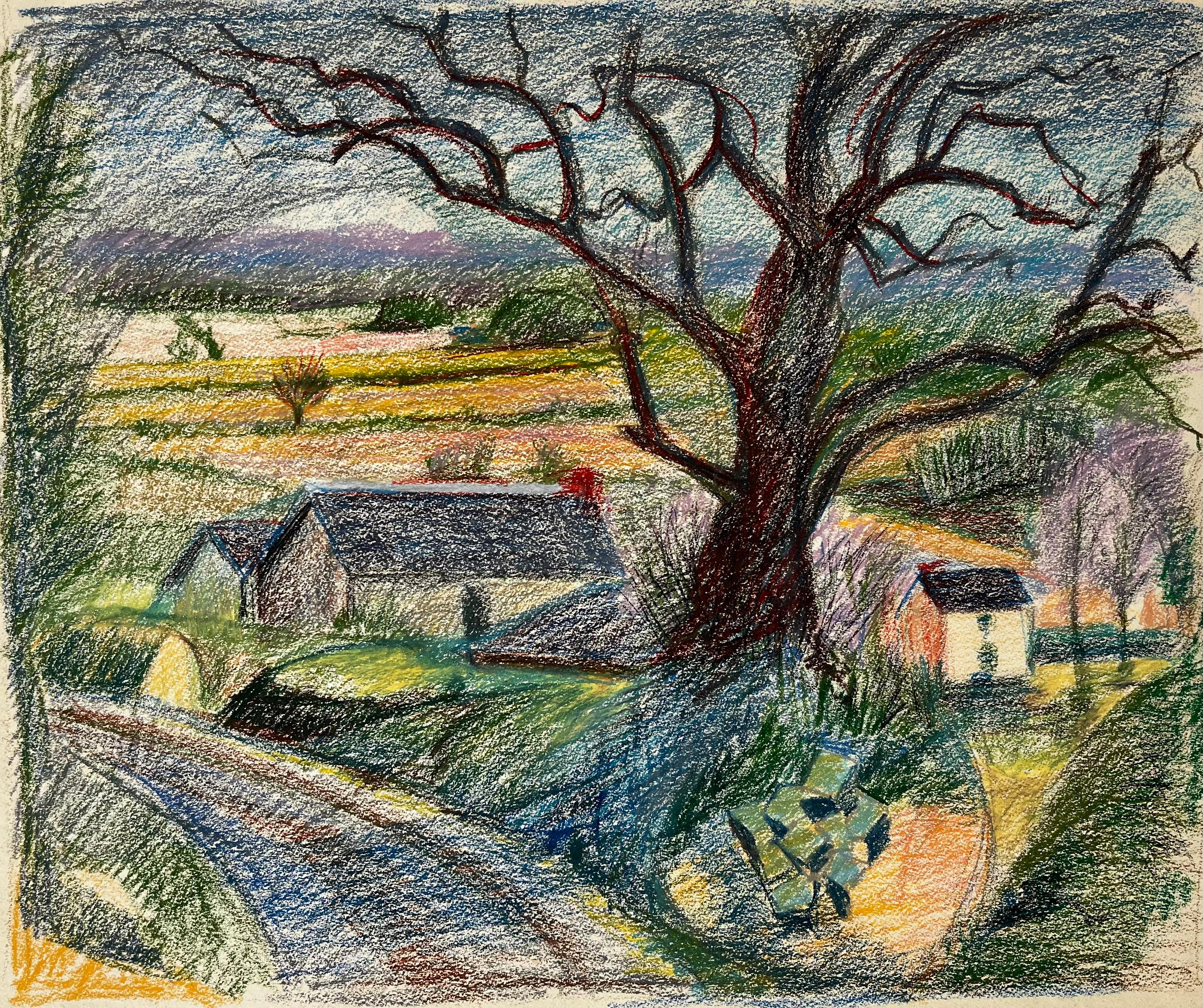 Strada di campagna francese con grande albero e case coloniche lontane Disegno a pastello