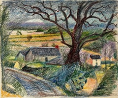 French Country Road with Large Tree and Distant Farmhouses Pastel Drawing