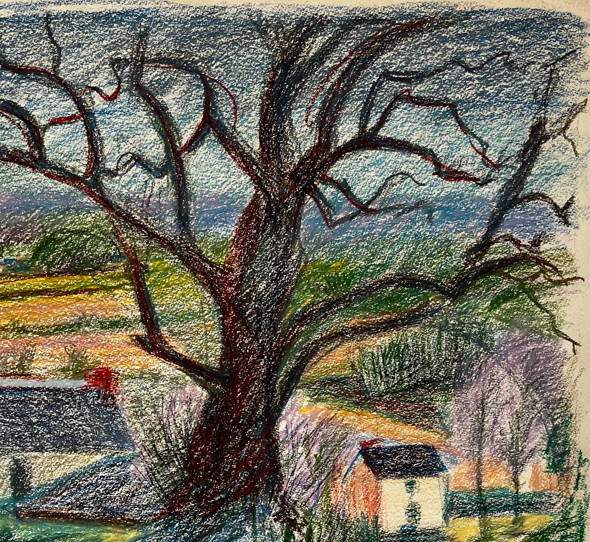 Camino rural francés con gran árbol y granjas lejanas Dibujo al pastel - Art Moderno de Guy Nicod