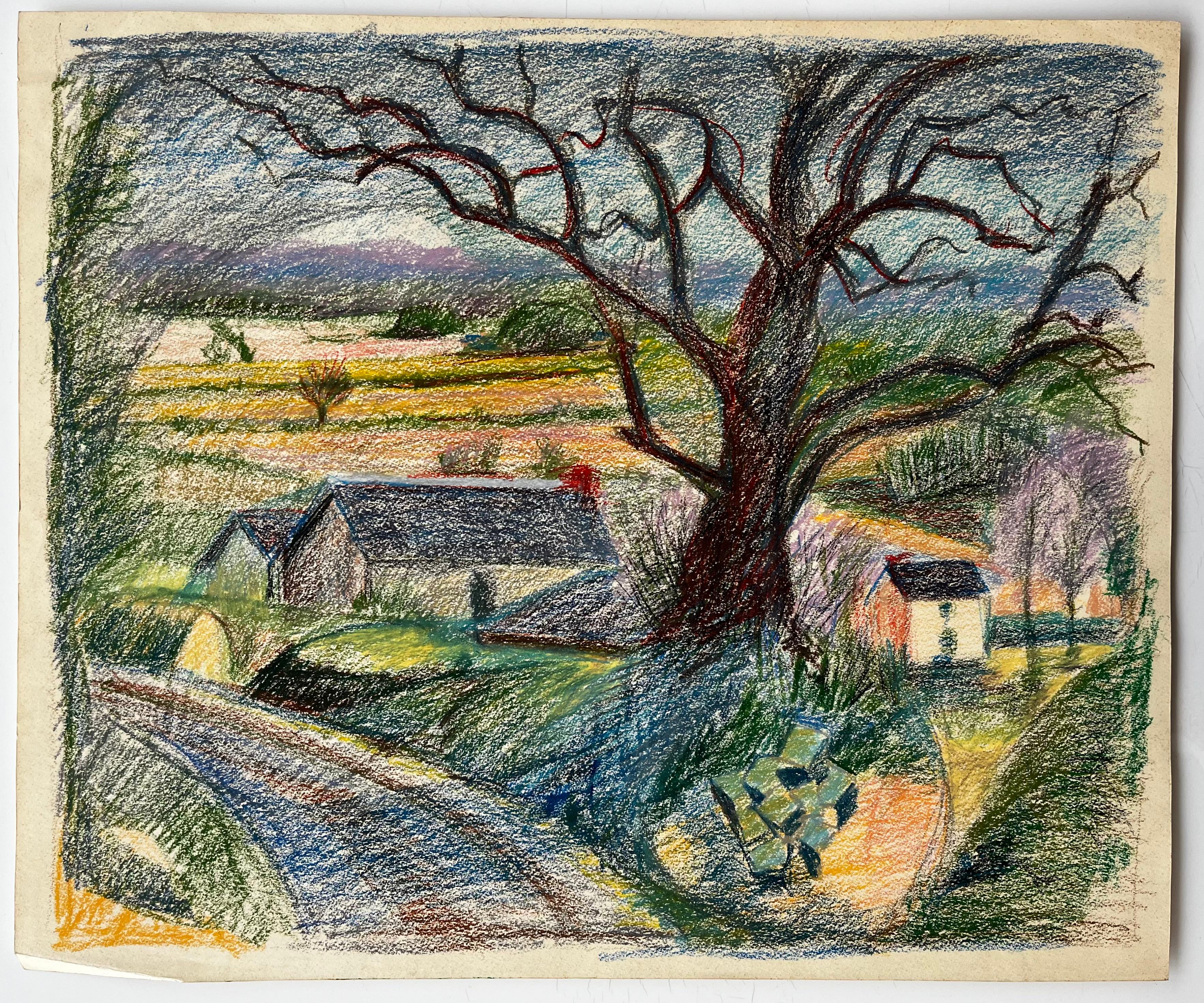 Camino rural francés con gran árbol y granjas lejanas Dibujo al pastel - Art de Guy Nicod