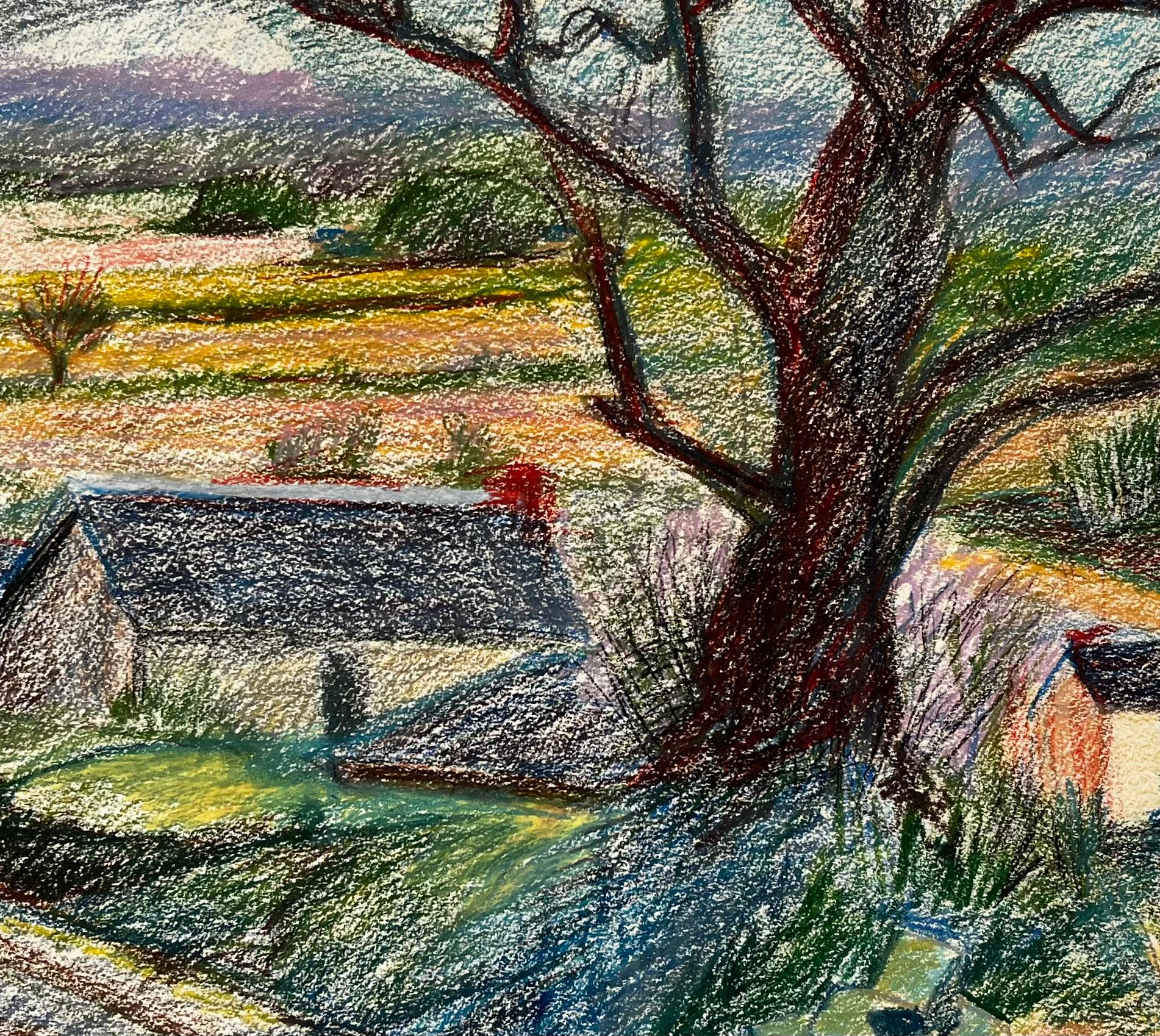 Camino rural francés con gran árbol y granjas lejanas Dibujo al pastel en venta 2