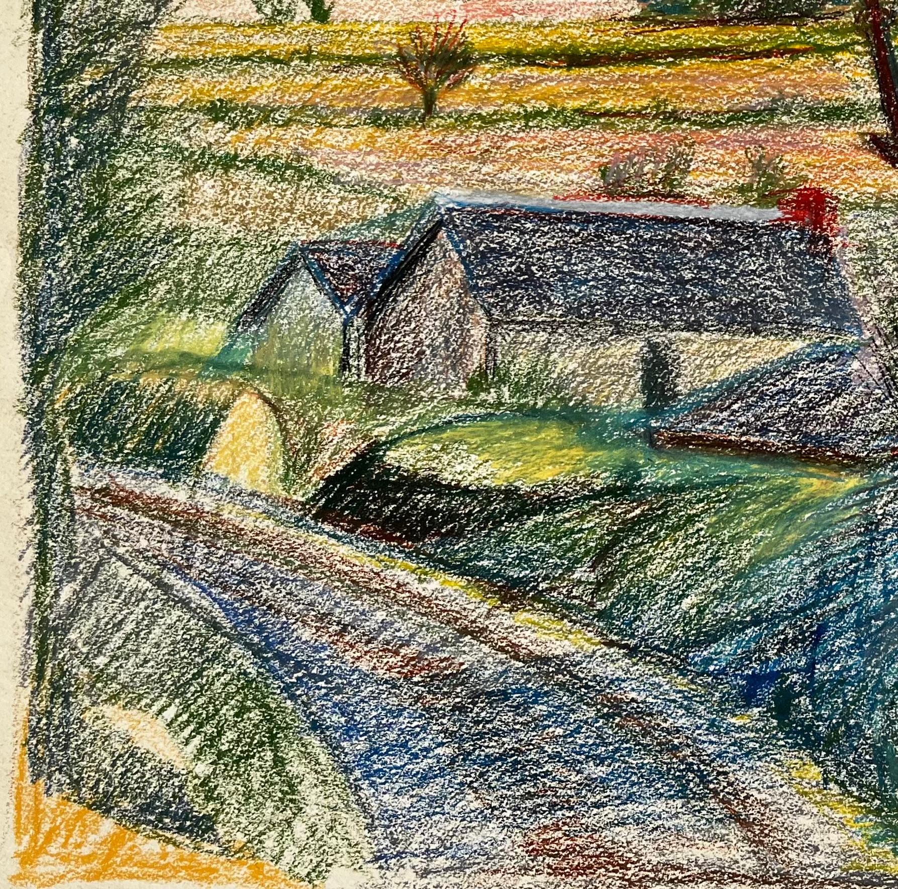 Camino rural francés con gran árbol y granjas lejanas Dibujo al pastel en venta 1