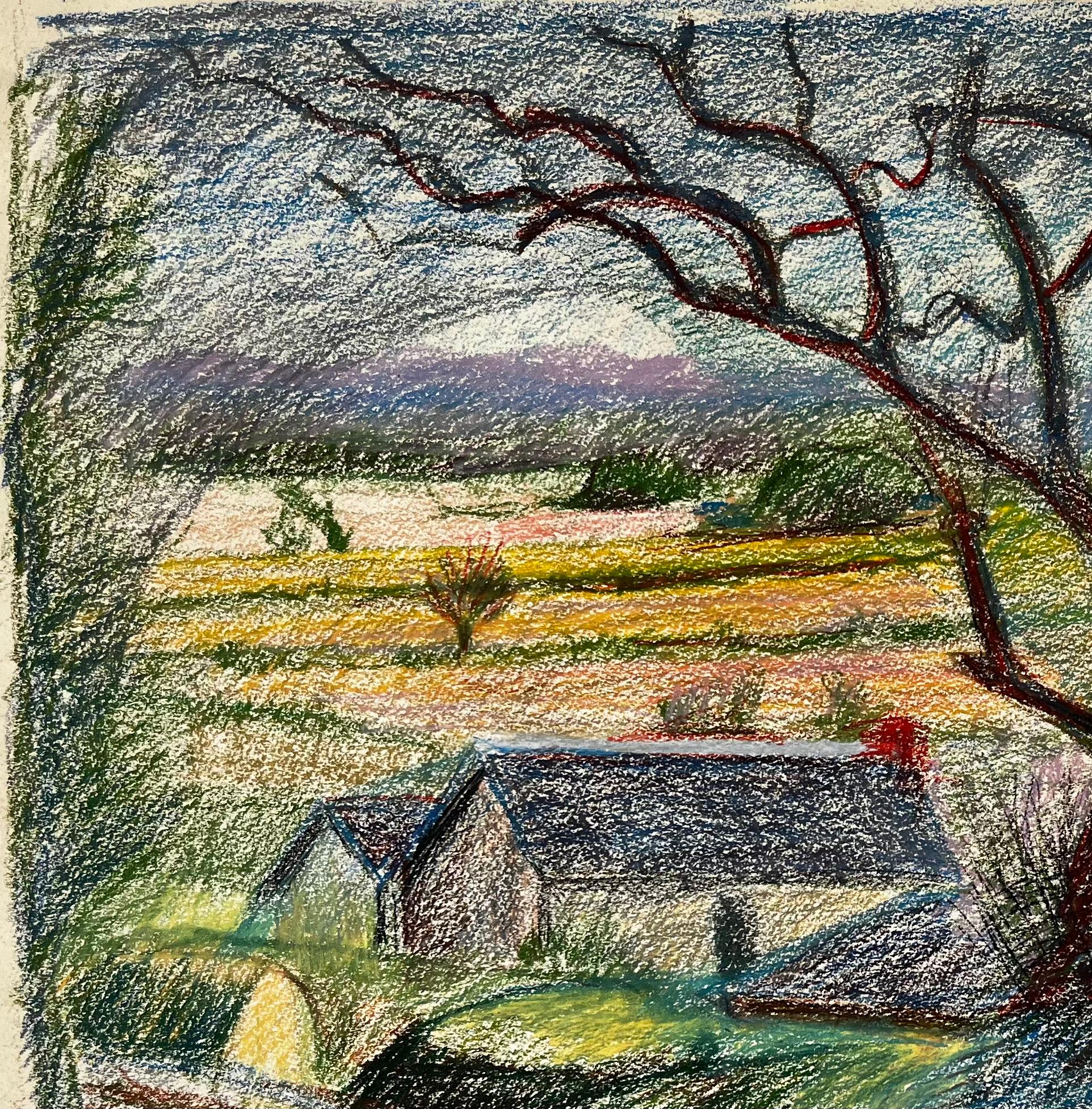 Camino rural francés con gran árbol y granjas lejanas Dibujo al pastel - Abstract Drawing Gris de Guy Nicod