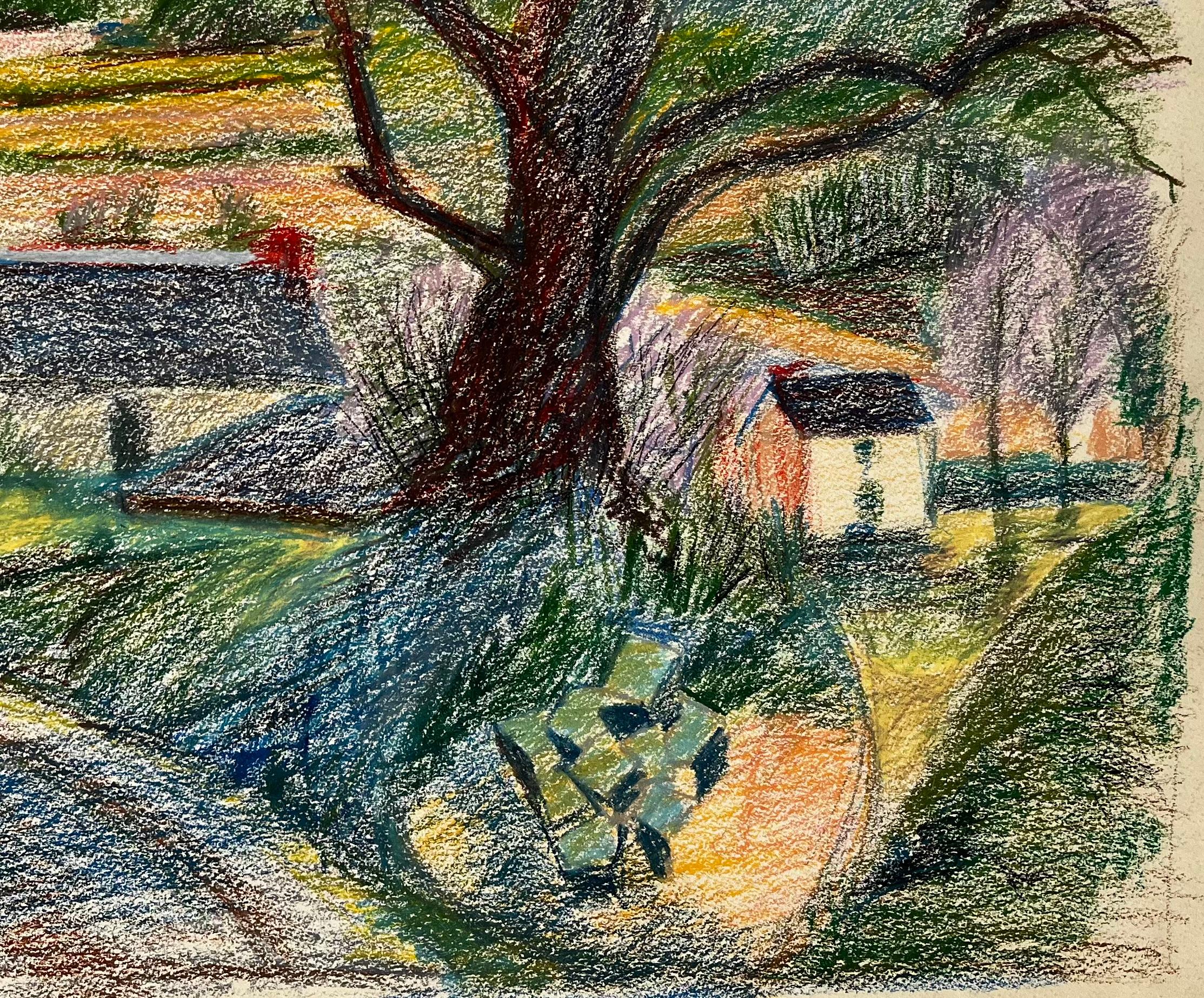 Título: Carretera rural francesa con gran árbol y granjas lejanas Dibujo al pastel
Guy Nicod (francés 1923 - 2021) 
Pastel al óleo sobre papel de artista
Tamaño: 19,75 x 23,5 pulgadas (alto x ancho)
Procedencia: Propiedad de artistas,