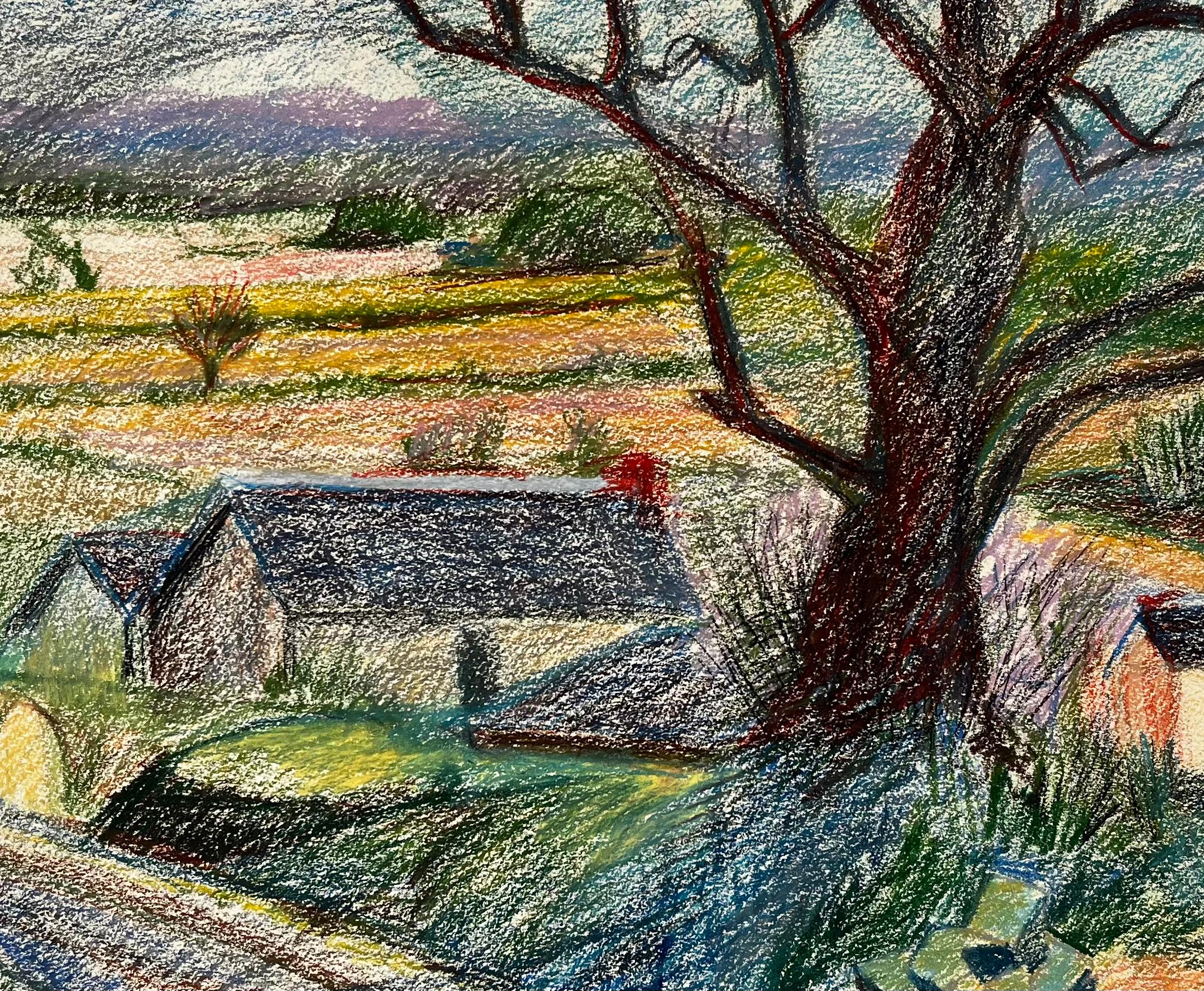 Camino rural francés con gran árbol y granjas lejanas Dibujo al pastel en venta 3