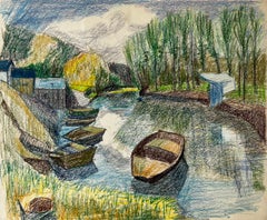 French Riverbank Scene with Rowboats Trees and Reflections Pastel Drawing