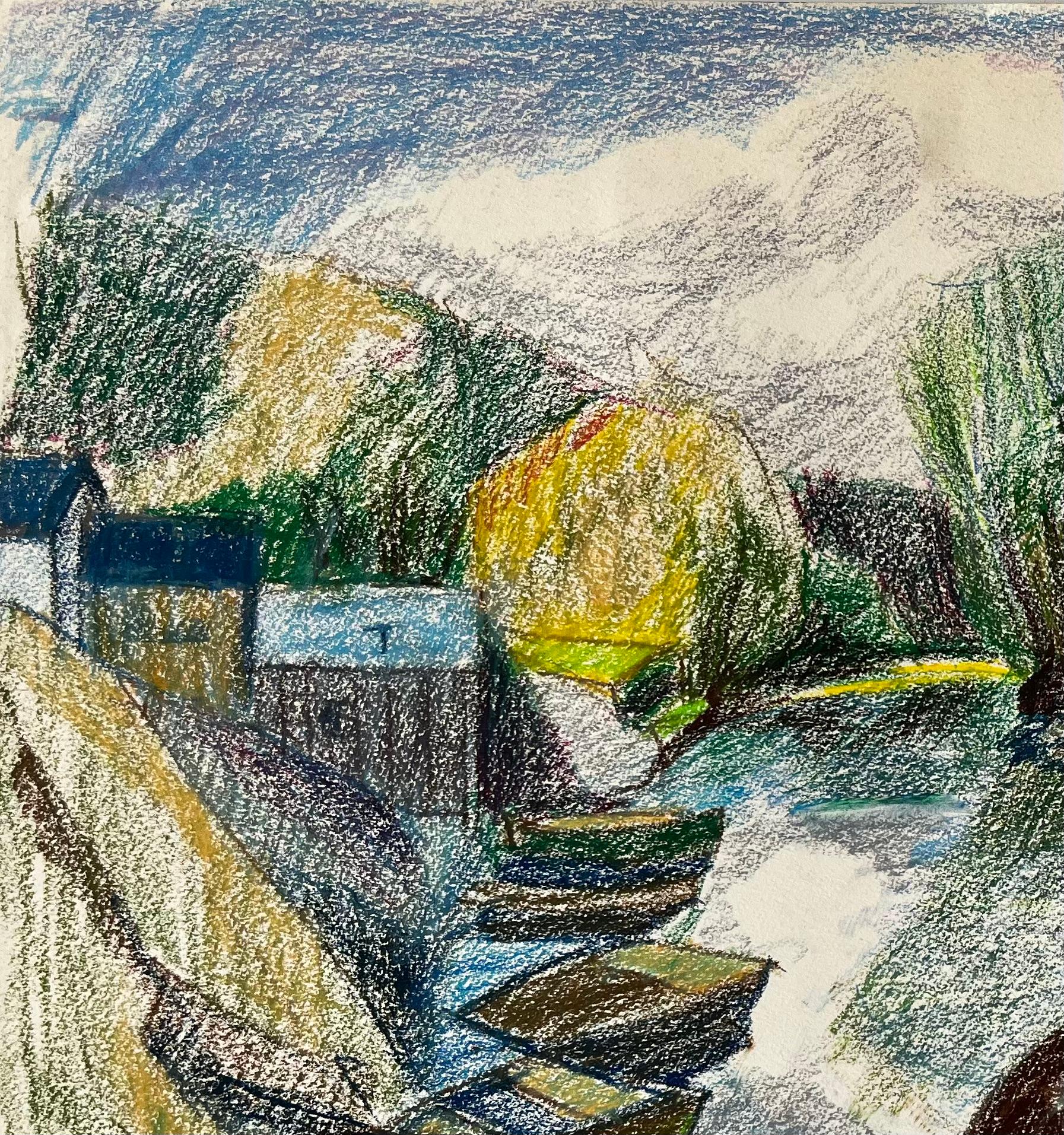 Scena di fiume francese con barche a remi, alberi e riflessi Disegno a pastello - Art Moderno di Guy Nicod