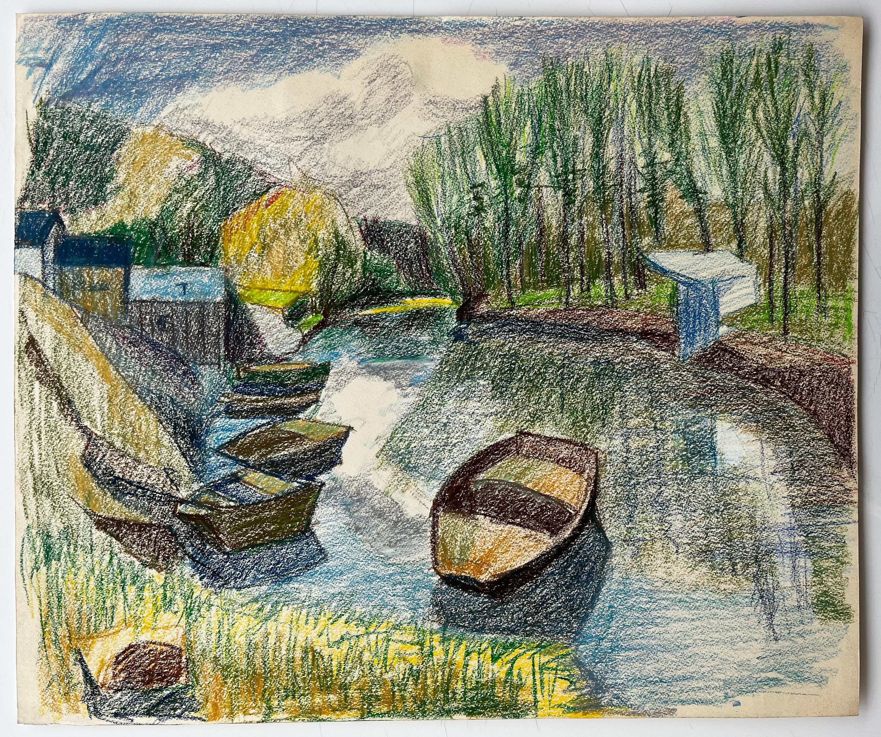 Scena di fiume francese con barche a remi, alberi e riflessi Disegno a pastello - Art di Guy Nicod