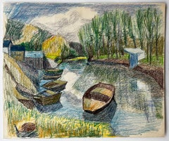 French Riverbank Scene with Rowboats Trees and Reflections Pastel Drawing