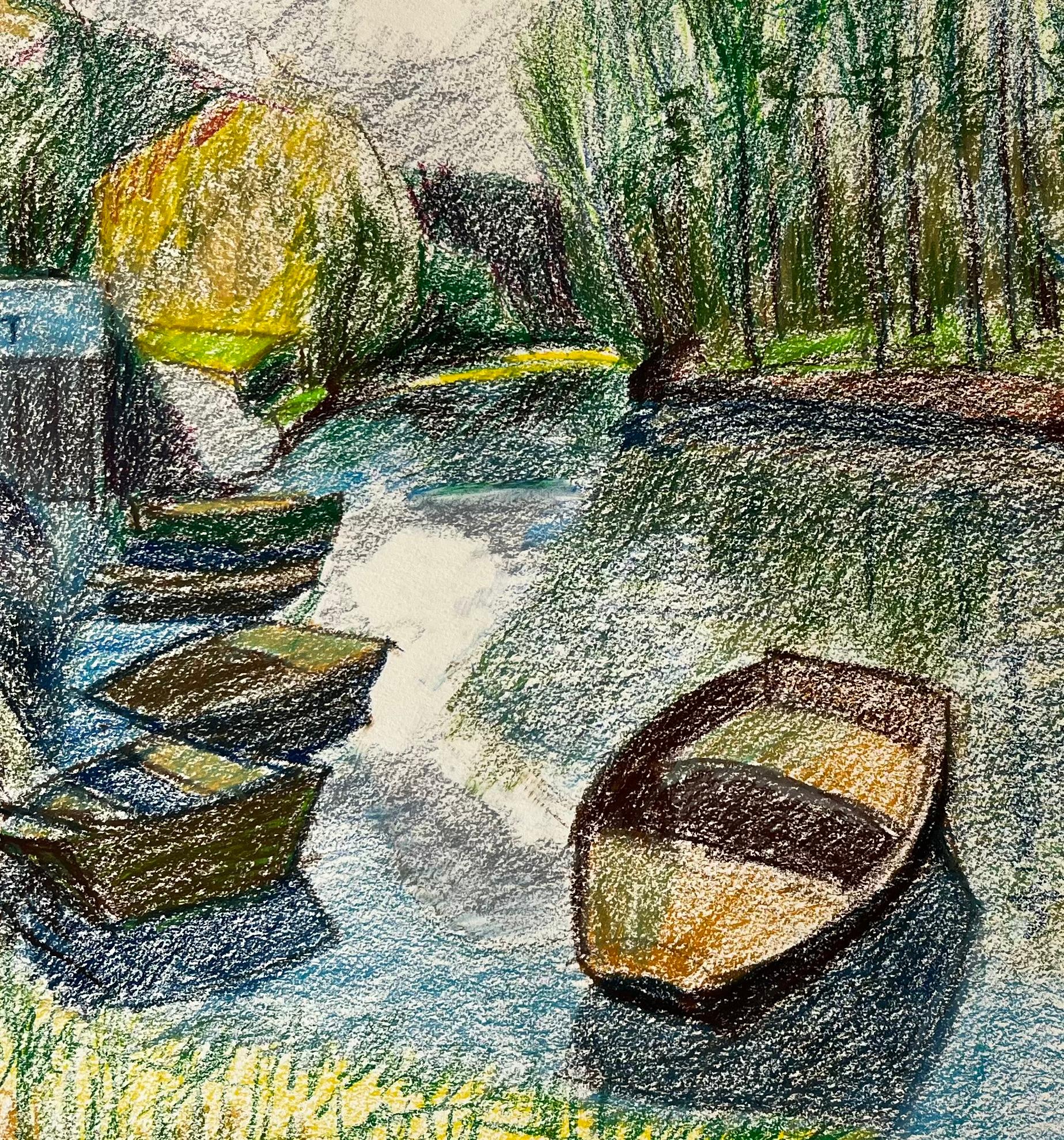 Scena di fiume francese con barche a remi, alberi e riflessi Disegno a pastello in vendita 2