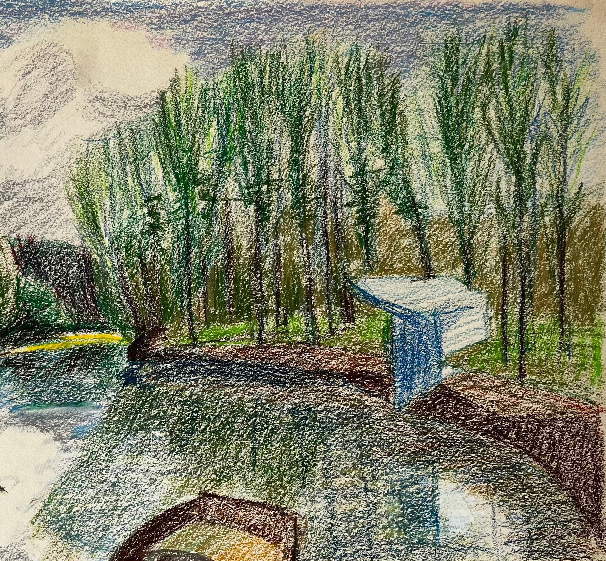 Scena di fiume francese con barche a remi, alberi e riflessi Disegno a pastello - Landscape Art Marrone di Guy Nicod