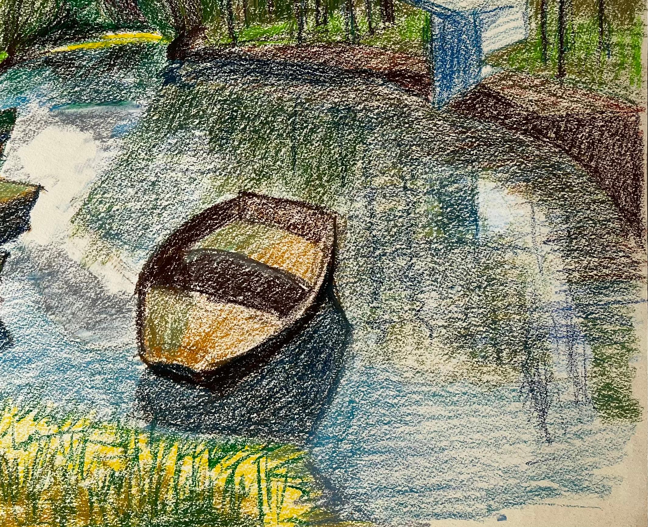 Scena di fiume francese con barche a remi, alberi e riflessi Disegno a pastello in vendita 1