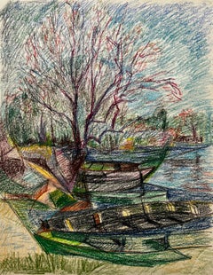 Moored Boats and Bare Trees by Riverbank French Pastel Drawing
