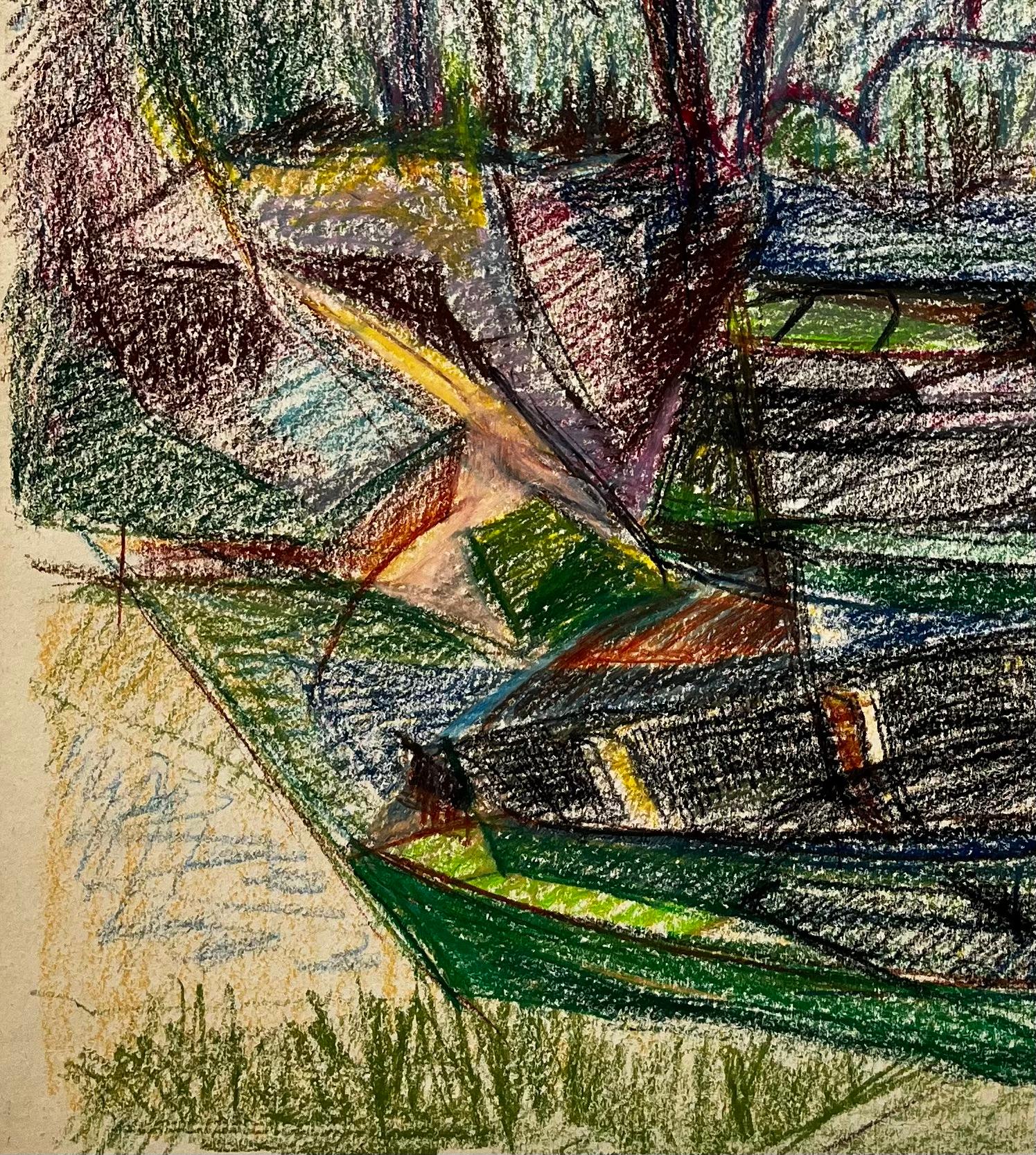 Barche ormeggiate e alberi spogli sulla riva del fiume Disegno a pastello francese - Abstract Drawing Grigio di Guy Nicod