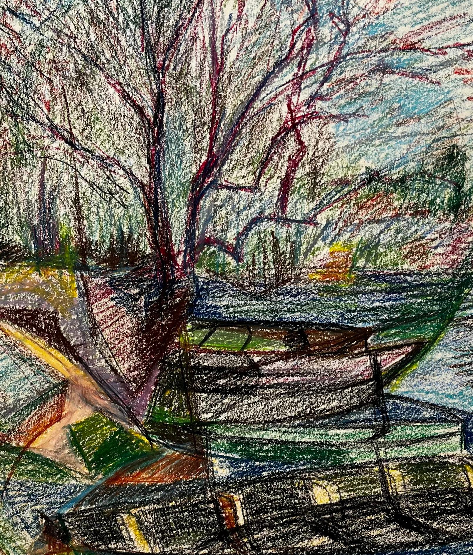 Barche ormeggiate e alberi spogli sulla riva del fiume Disegno a pastello francese in vendita 2