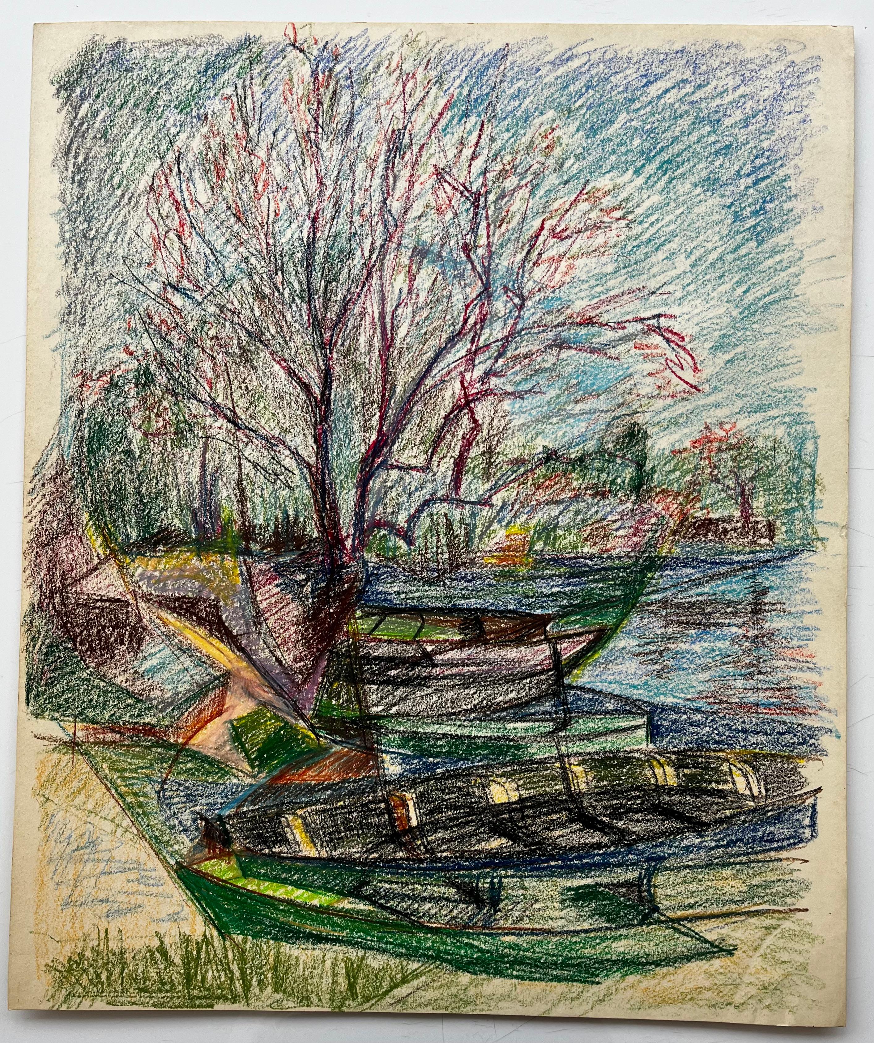 Barche ormeggiate e alberi spogli sulla riva del fiume Disegno a pastello francese - Art Moderno di Guy Nicod