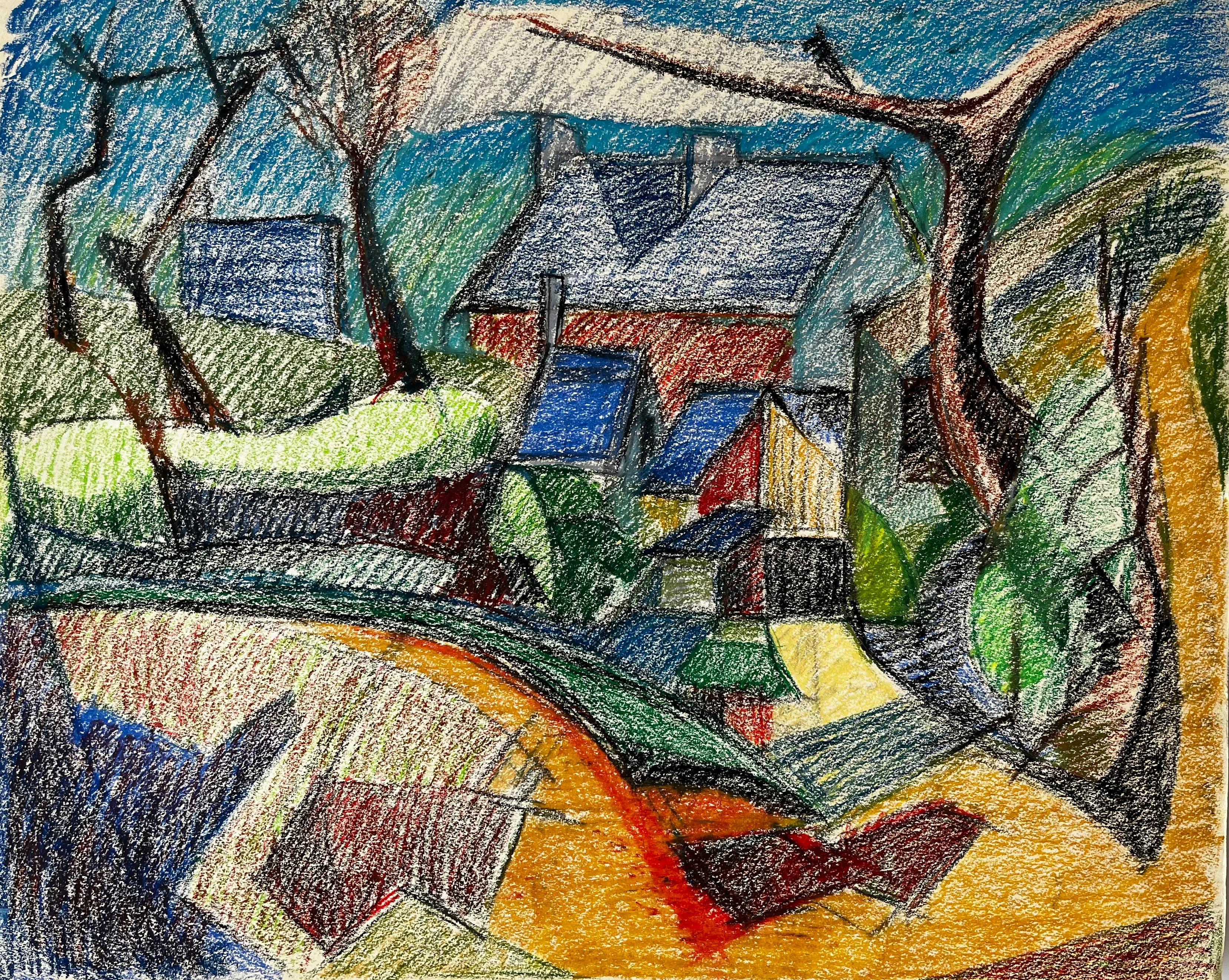Villaggio cubista con tetti rossi e cielo blu Disegno a pastello francese