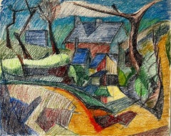 Cubist Village with Red Roofs and Blue Sky French Pastel Drawing