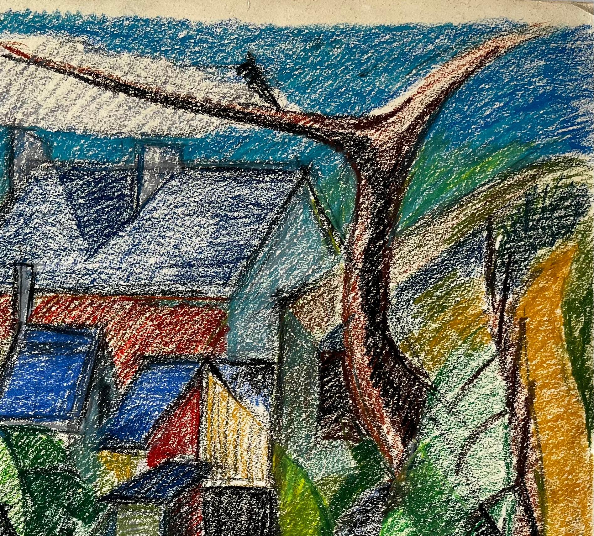 Village cubiste avec toits rouges et ciel bleu Dessin au pastel français - Moderne Art par Guy Nicod