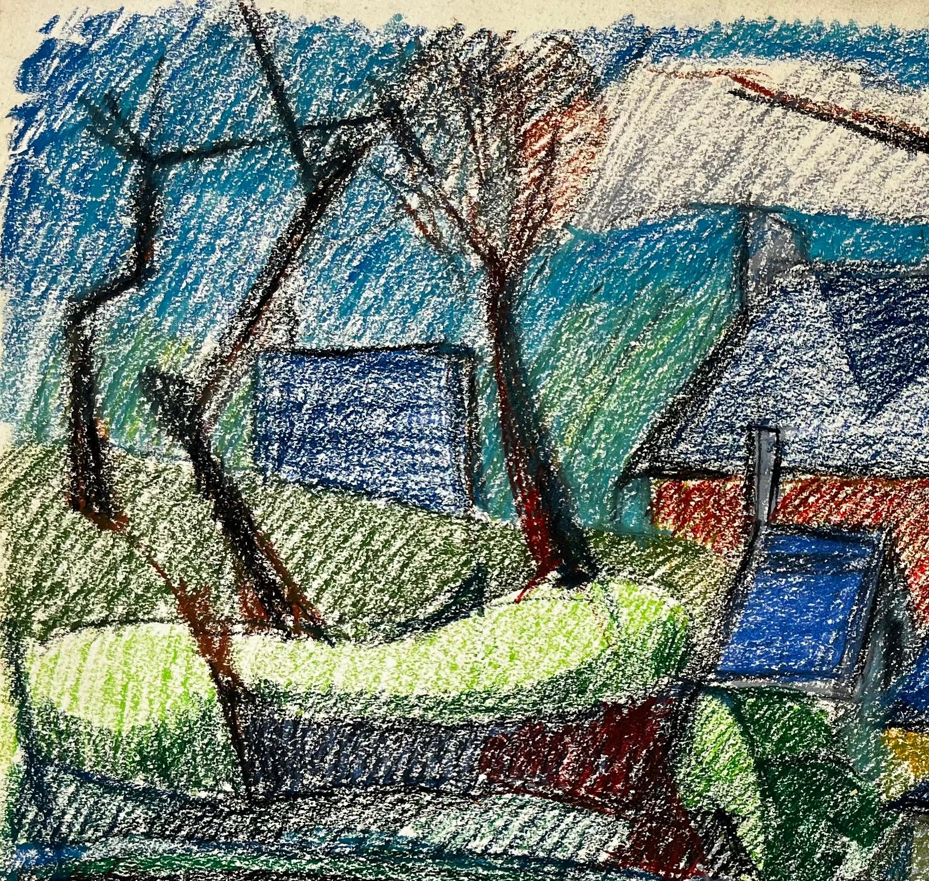 Village cubiste avec toits rouges et ciel bleu Dessin au pastel français en vente 1