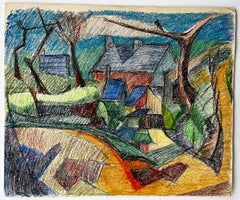 Village cubiste avec toits rouges et ciel bleu Dessin au pastel français