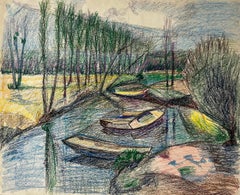 Moored Boats on a Reflective River French Pastel Drawing