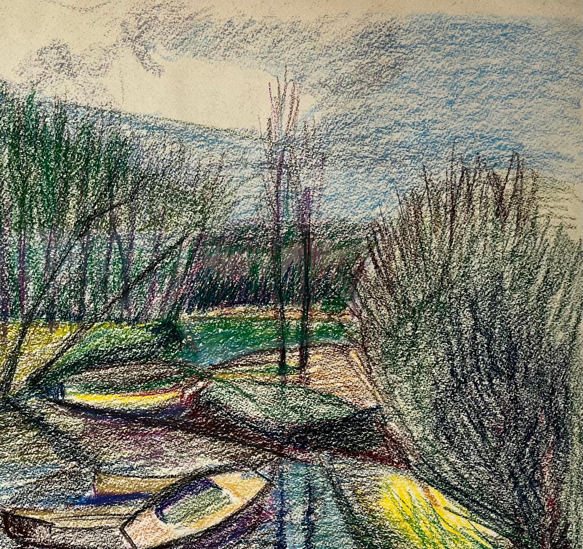 Barche ormeggiate su un fiume riflettente Disegno a pastello francese - Abstract Drawing Grigio di Guy Nicod