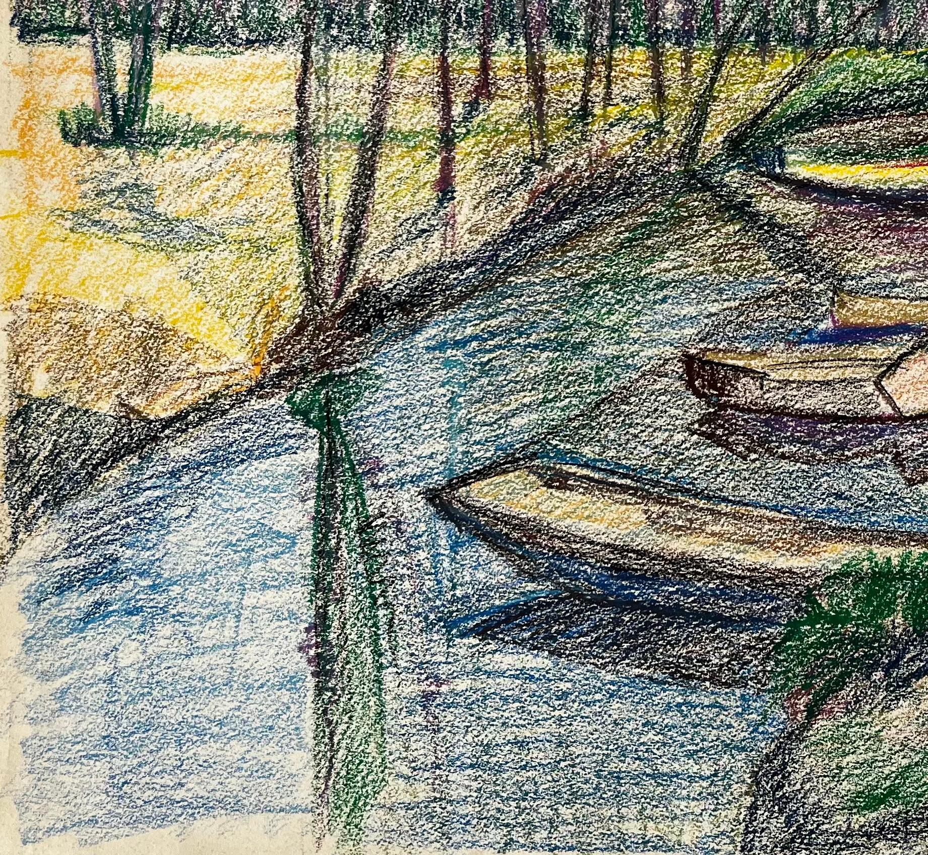 Barche ormeggiate su un fiume riflettente Disegno a pastello francese - Art Moderno di Guy Nicod