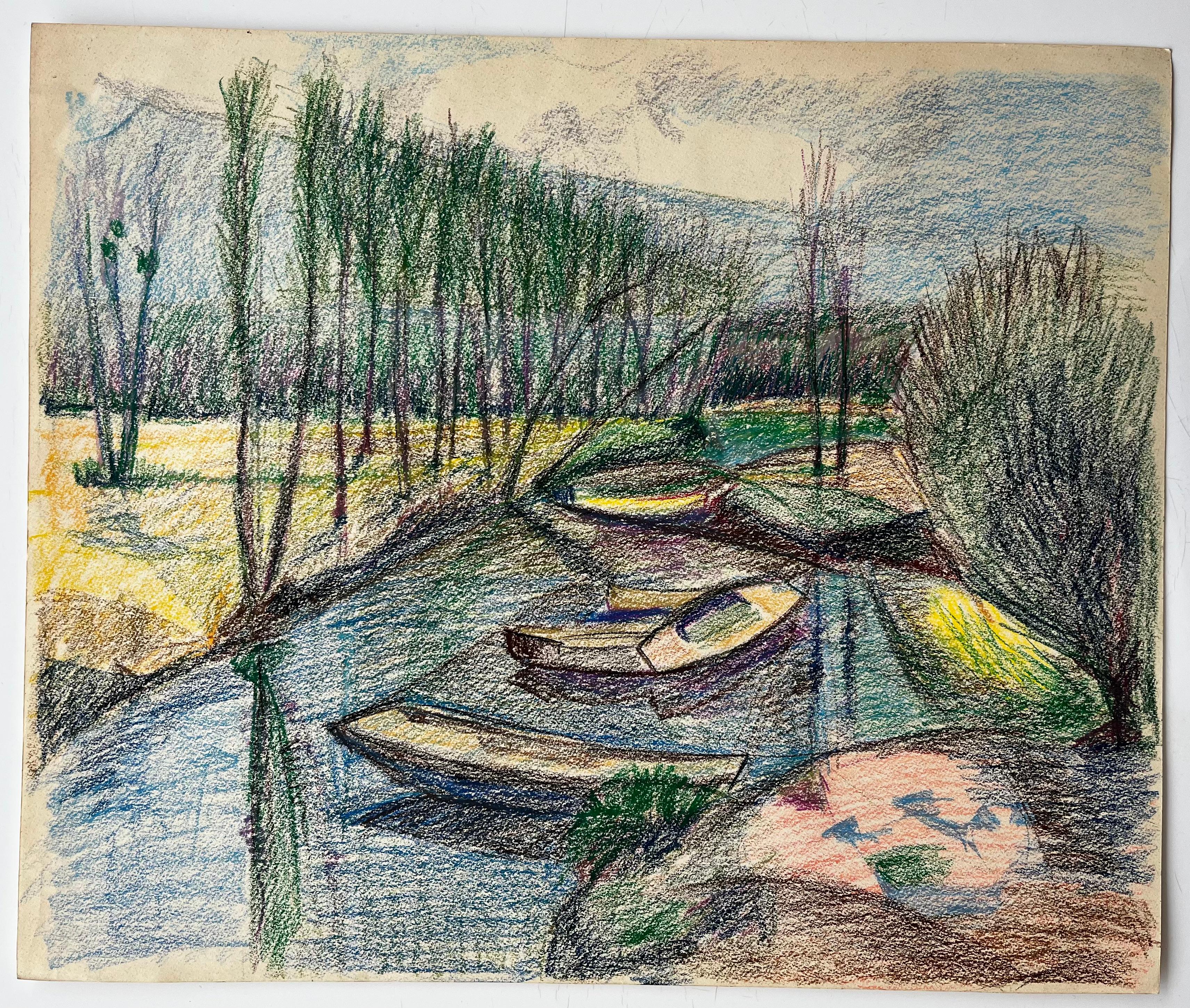 Barche ormeggiate su un fiume riflettente Disegno a pastello francese - Art di Guy Nicod