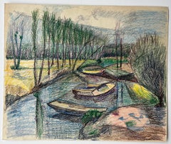 Bateaux amarrés sur une rivière réfléchissante Dessin au pastel français