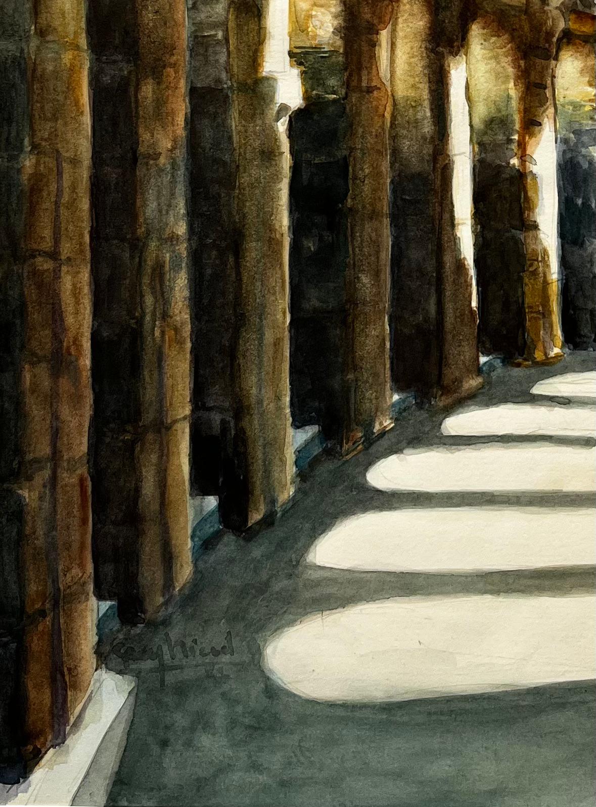 Arches d'un cloître roman ensoleillé Aquarelle intérieure de colonnes en pierre en vente 1