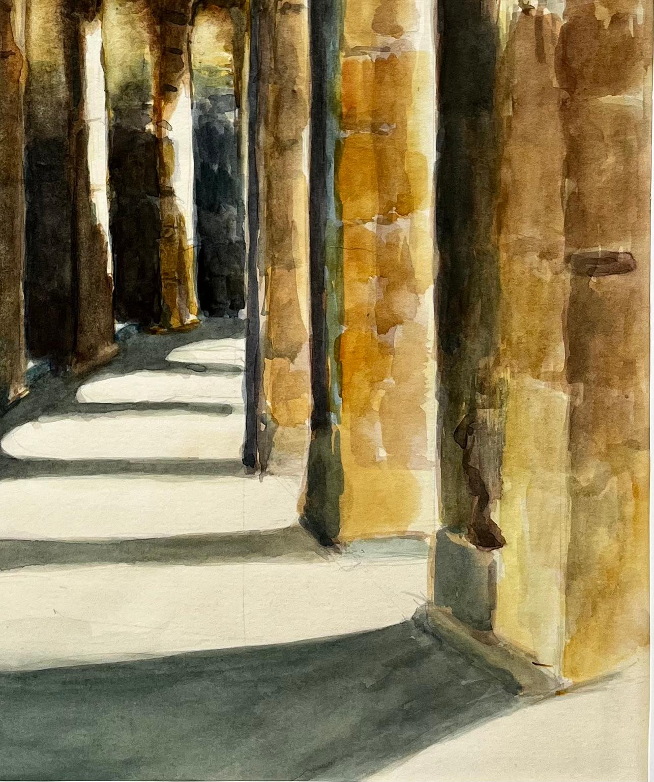 Titre : Arches de cloître romanes ensoleillées Aquarelle intérieure de colonnes en pierre
Guy Nicod (français 1923 - 2021) 
Aquarelle sur papier, montée sur carton, non encadrée
Taille : y compris le montage : 17,5 x 22,5 pouces (hauteur x