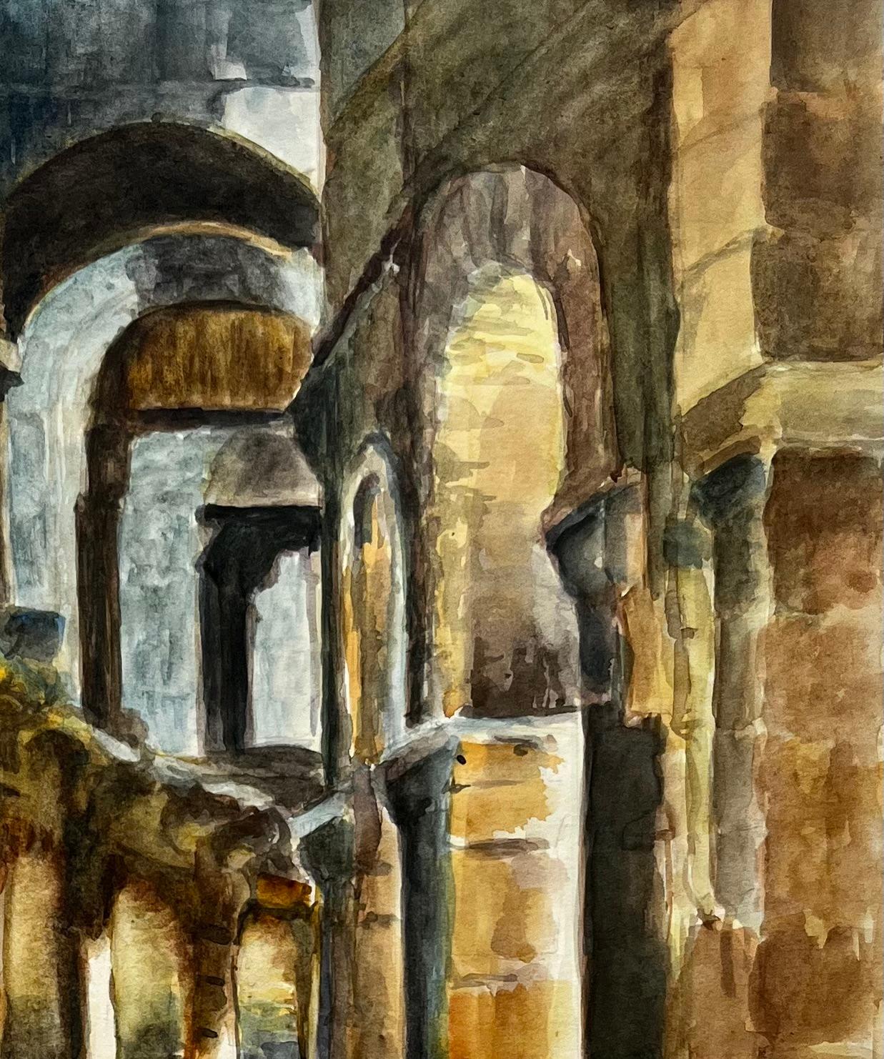 Arches d'un cloître roman ensoleillé Aquarelle intérieure de colonnes en pierre - Noir Abstract Drawing par Guy Nicod