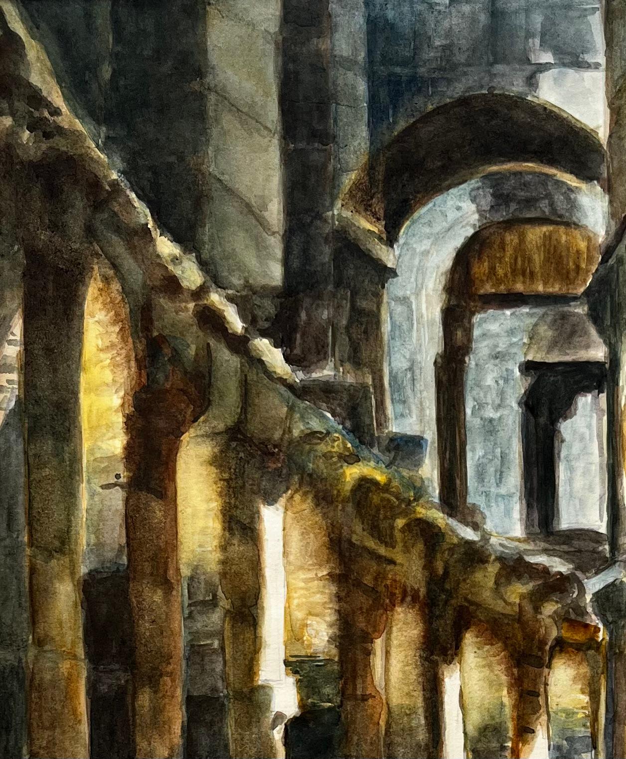 Arches d'un cloître roman ensoleillé Aquarelle intérieure de colonnes en pierre - Moderne Art par Guy Nicod