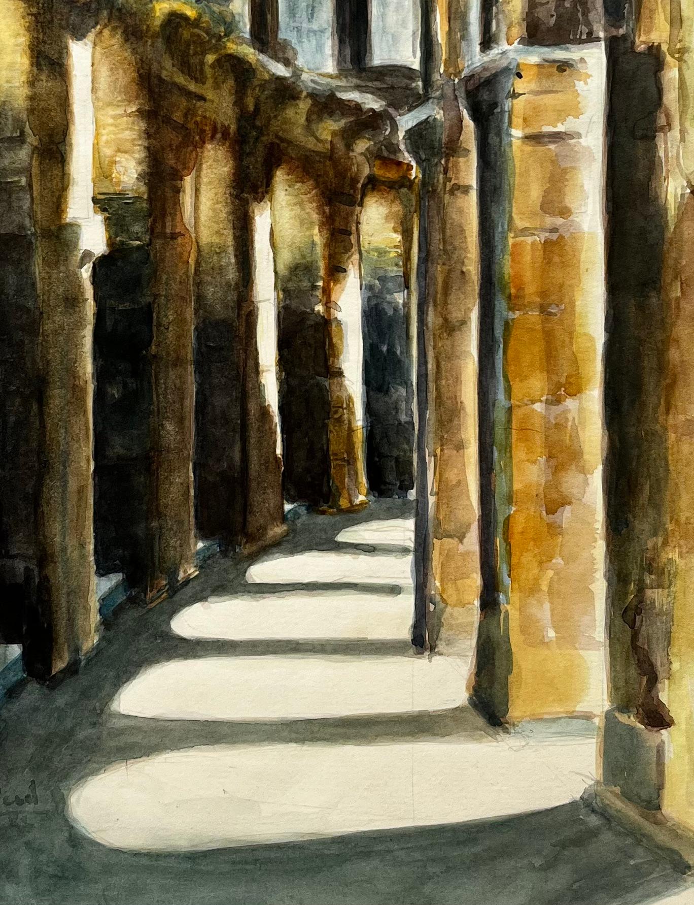 Arches d'un cloître roman ensoleillé Aquarelle intérieure de colonnes en pierre en vente 2