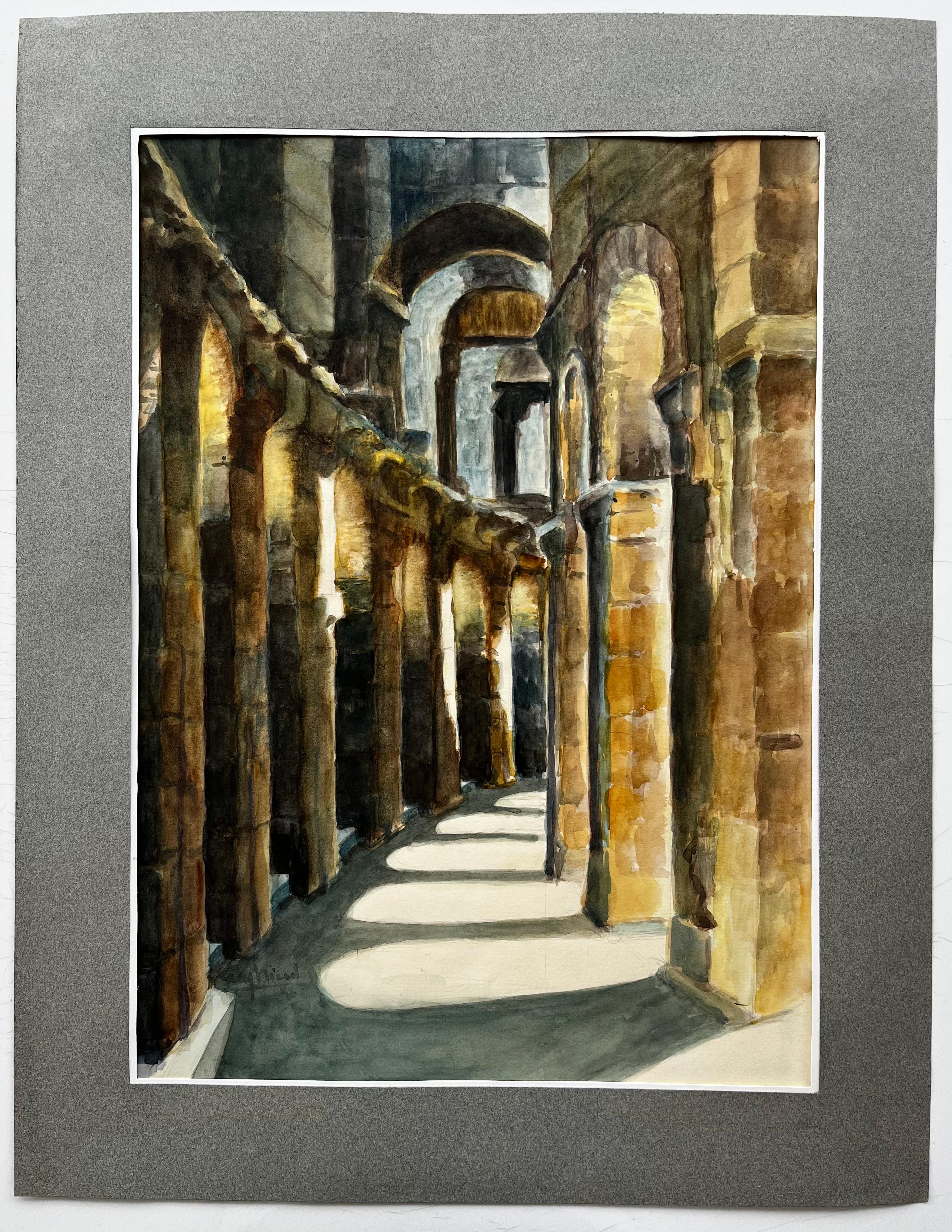 Arches d'un cloître roman ensoleillé Aquarelle intérieure de colonnes en pierre - Art de Guy Nicod