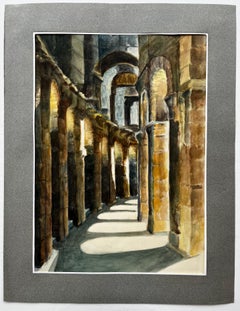 Sunlit Romanesque Cloister Arches Interior Watercolor of Stone Columns