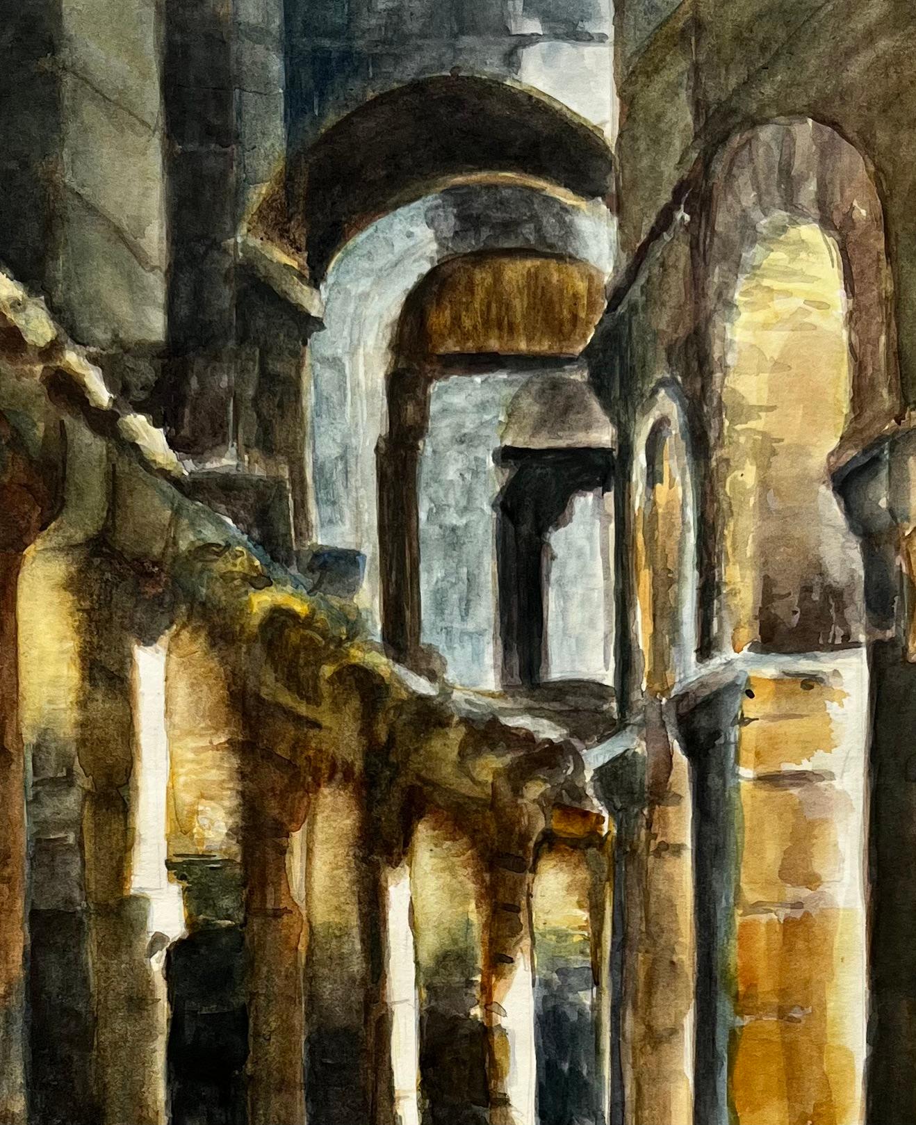 Arches d'un cloître roman ensoleillé Aquarelle intérieure de colonnes en pierre en vente 3