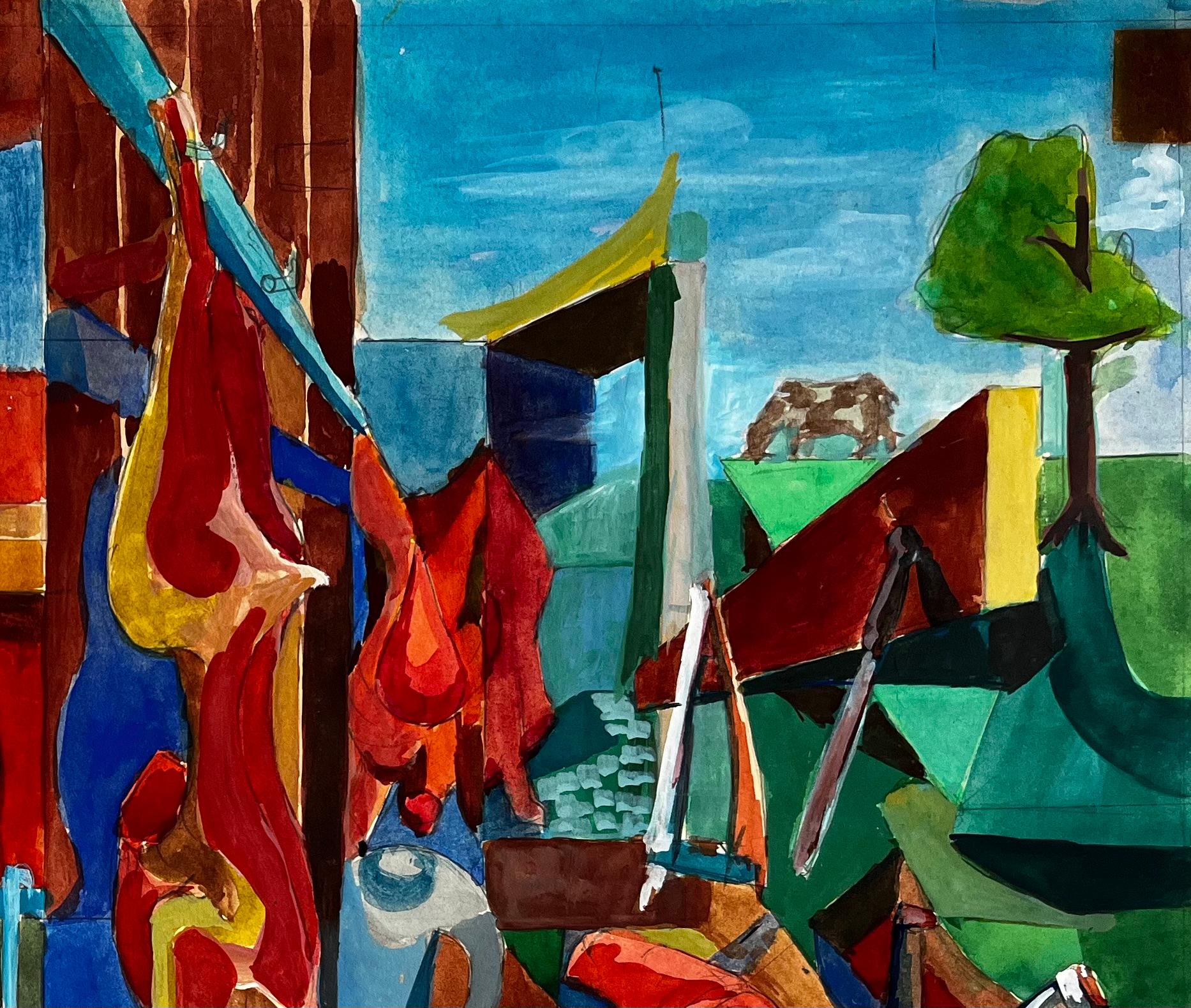Cucina cubista e scena di macelleria con carni e utensili appesi - Abstract Drawing Nero di Guy Nicod