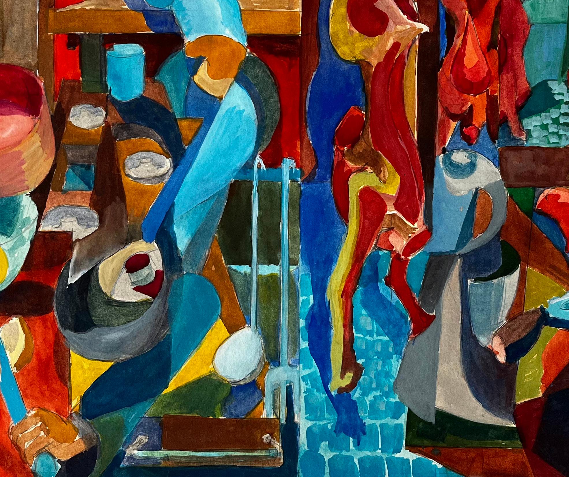 Titolo: Scena cubista di cucina e macelleria con carni e utensili appesi
Guy Nicod (francese, 1923 - 2021) 
Guazzo su carta d'artista, senza cornice
Dimensioni: 14,5 x 21,75 pollici (altezza x larghezza)
Provenienza: Proprietà di Artistics,