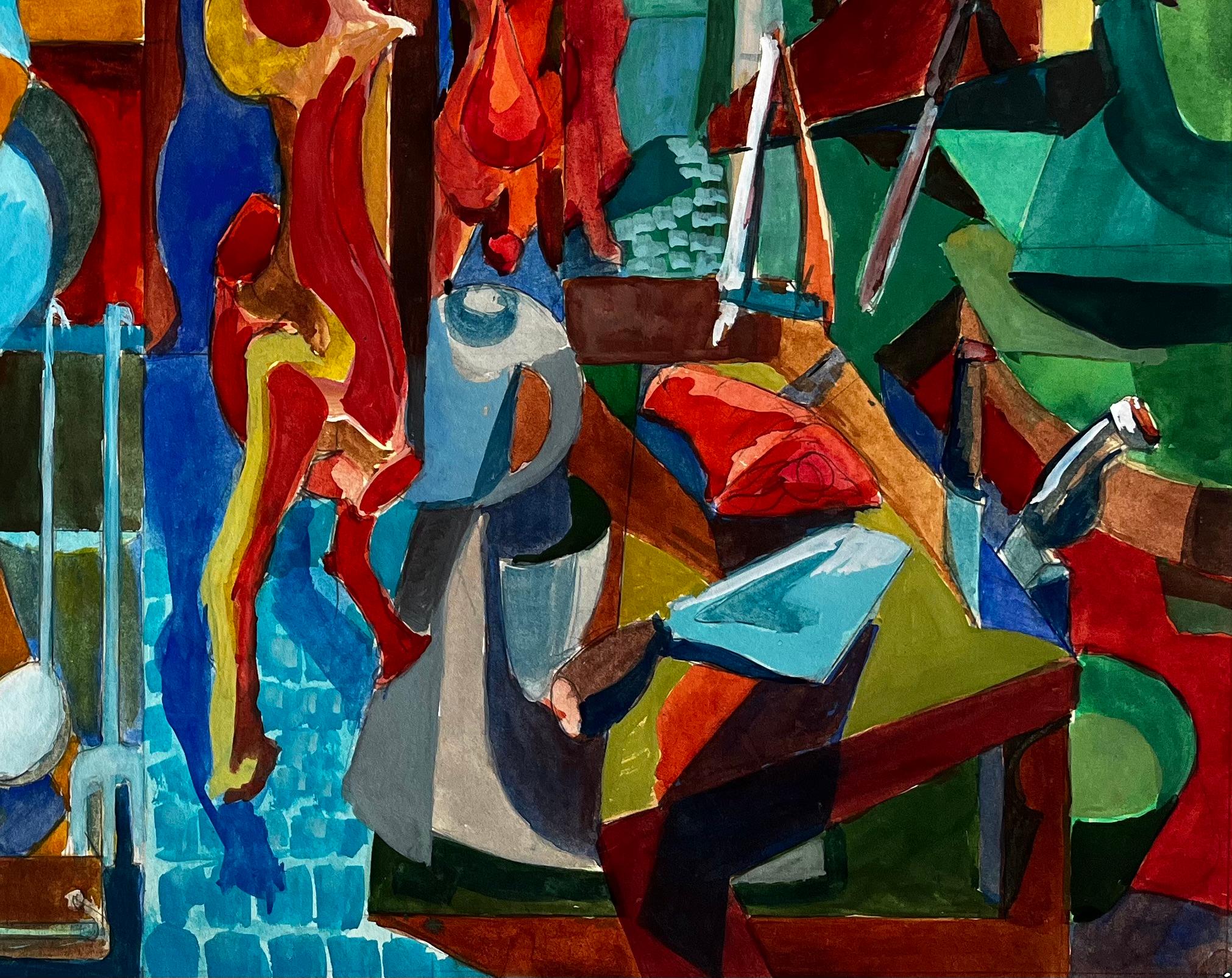 Cucina cubista e scena di macelleria con carni e utensili appesi - Art Moderno di Guy Nicod