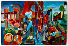 Cubist Kitchen And Butcher Scene With Hanging Meats And Utensils