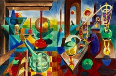 Retro Cubist Still Life With Glass Bottles Vessels And Abstract Architectural Interior