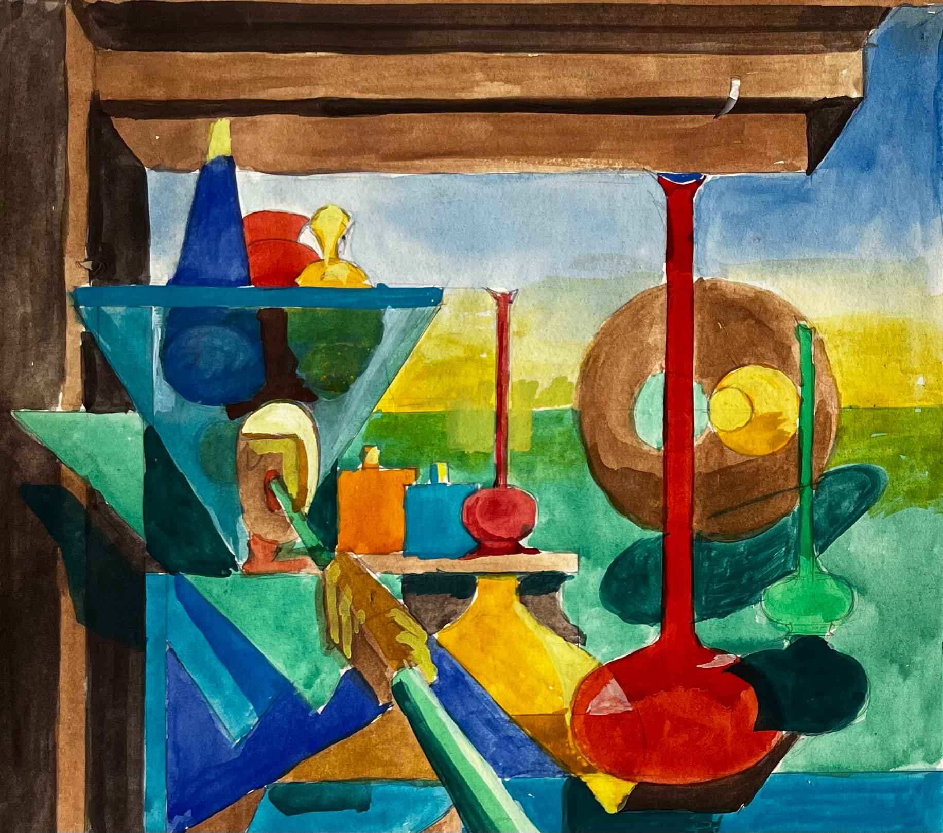 Nature morte cubiste avec bouteilles en verre, vases et intérieur architectural abstrait - Art de Guy Nicod