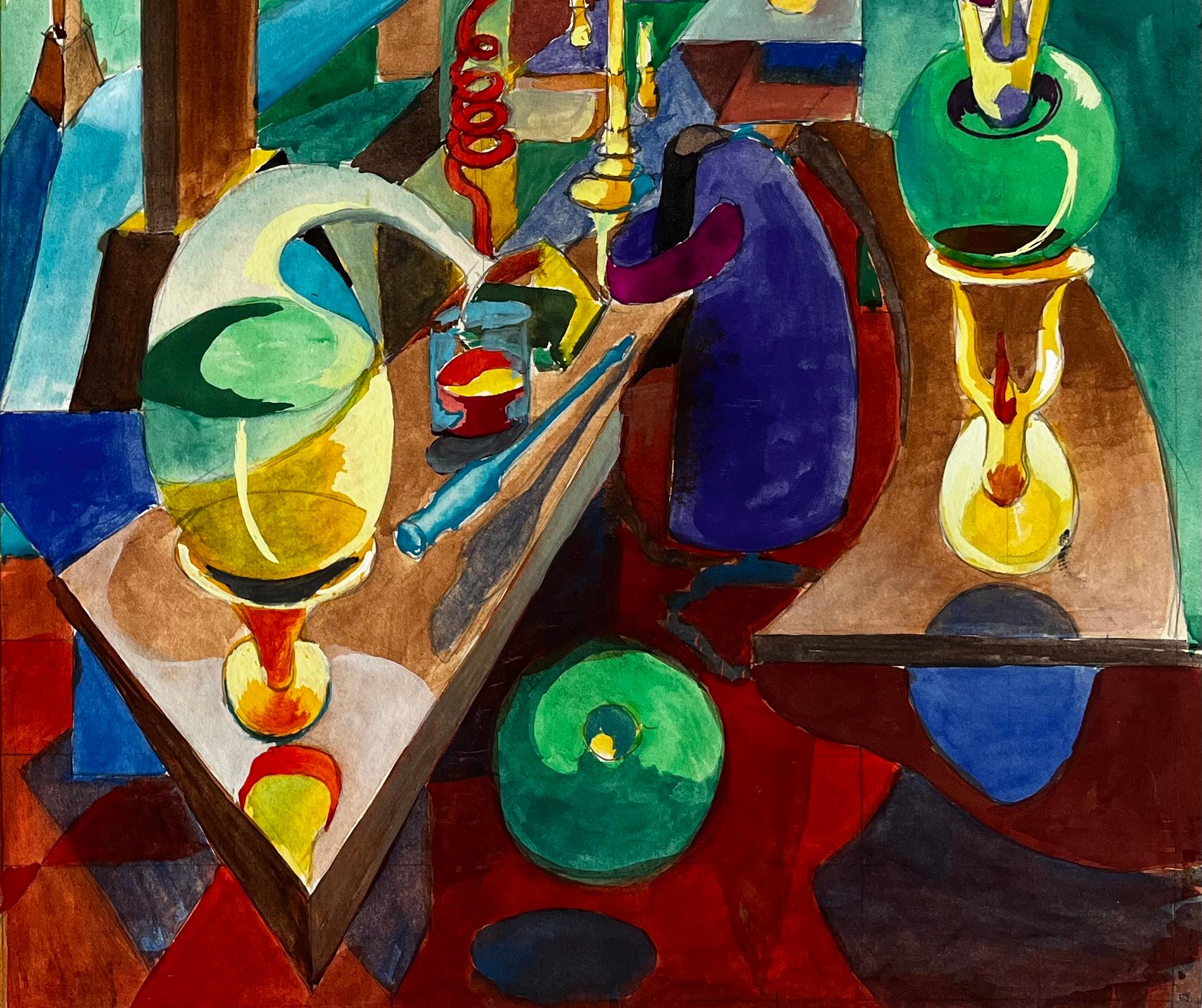 Titre : Nature morte cubiste avec bouteilles en verre et intérieur architectural abstrait
Guy Nicod (français 1923 - 2021) 
Gouache sur papier d'artiste, non encadrée
Taille : 14.75 x 21.75 pouces (hauteur x largeur)
Provenance : Succession