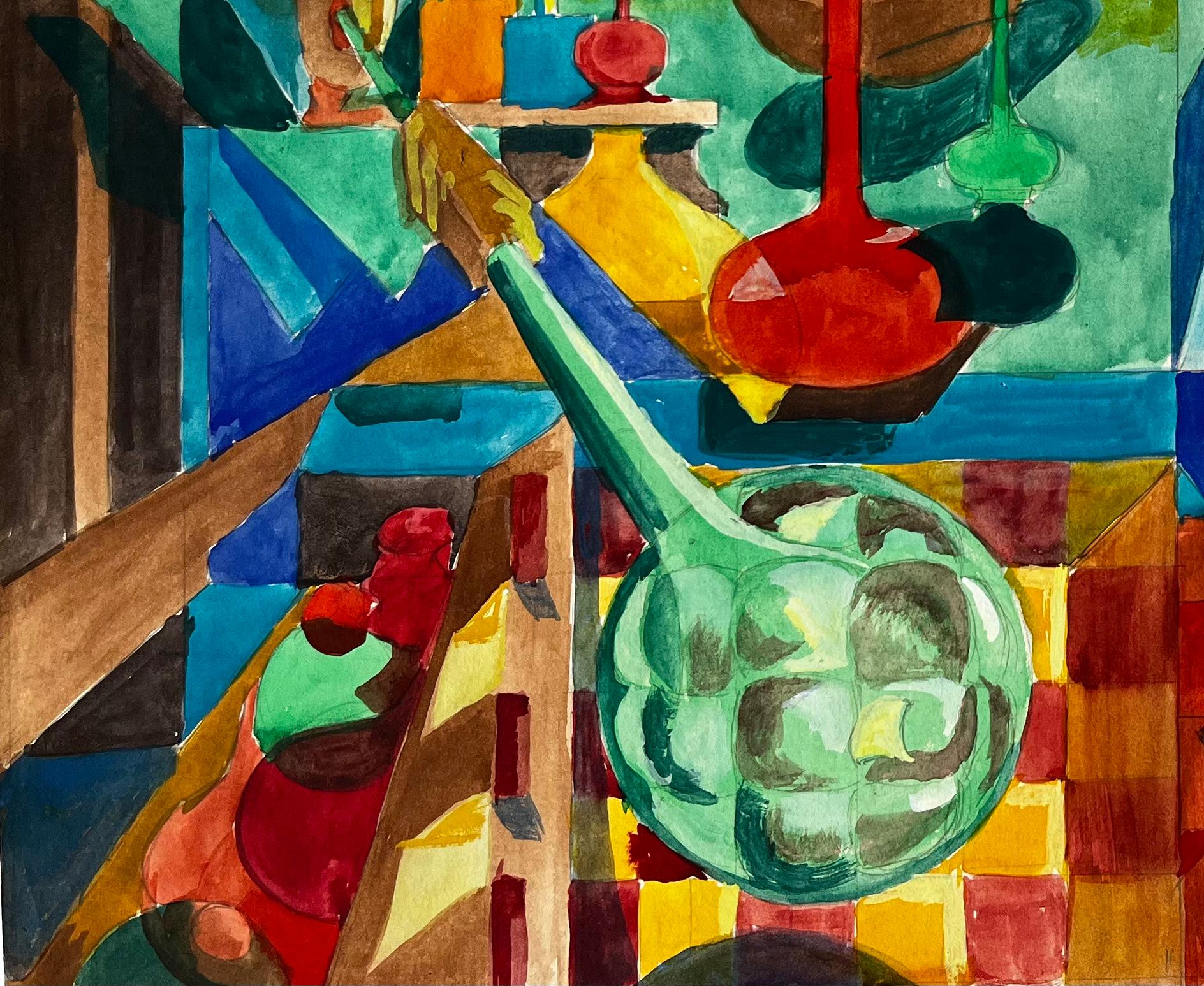 Nature morte cubiste avec bouteilles en verre, vases et intérieur architectural abstrait - Noir Abstract Drawing par Guy Nicod