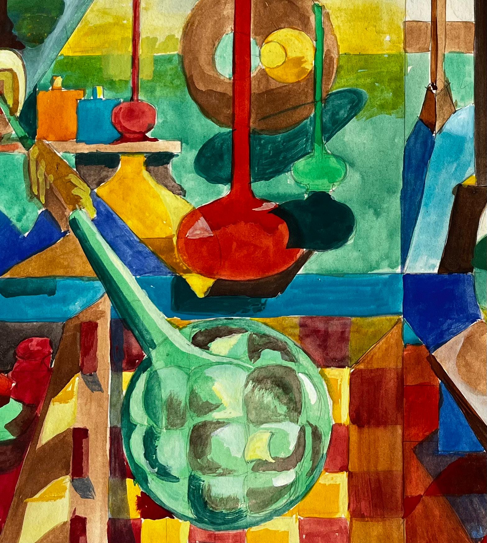 Nature morte cubiste avec bouteilles en verre, vases et intérieur architectural abstrait en vente 3